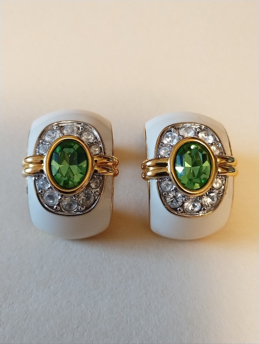 Vintage Kenneth Jay Lane Clip On Earrings White Enamel & Green & Crystal Stones